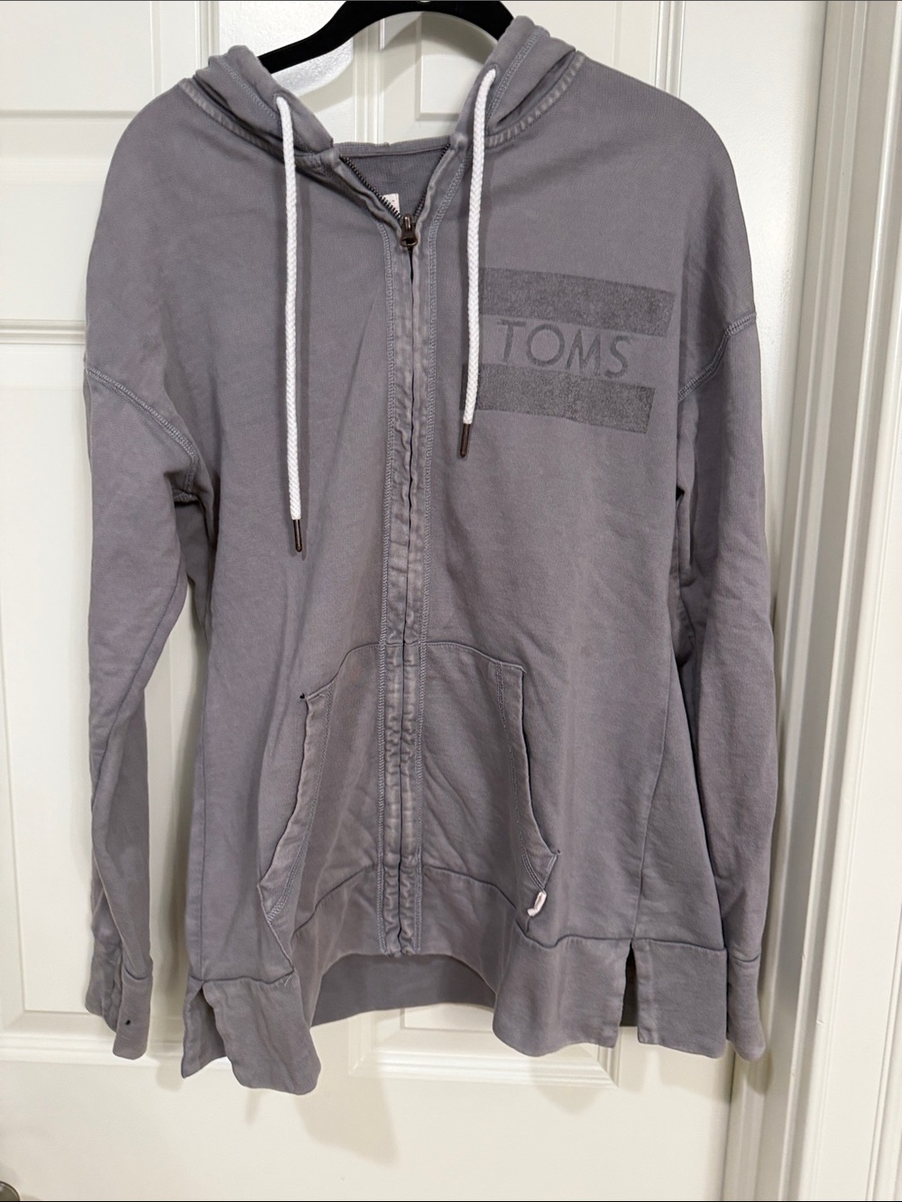 TOMS Light Gray Zip Hoodie with White Drawstrings